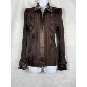 Cabi Sweater Women's Large Brown Full Zip Long Sleeve Ribbed Silk Cotton Blend